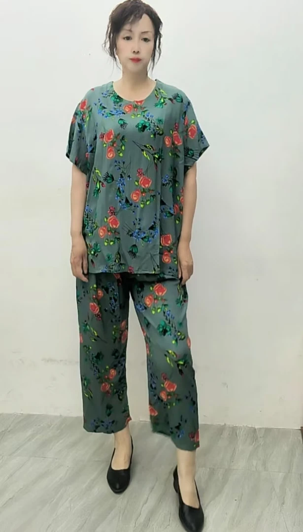 夏季短袖棉绸碎花圆领加肥加大妈妈装套裤女宽松九分裤遮肉显瘦