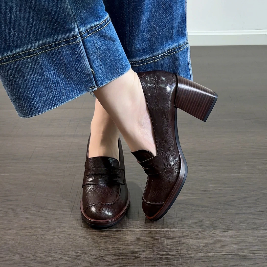 7cm/2685羊皮圆头粗跟春秋真皮乐福鞋舒适英伦风深口单鞋高跟女鞋