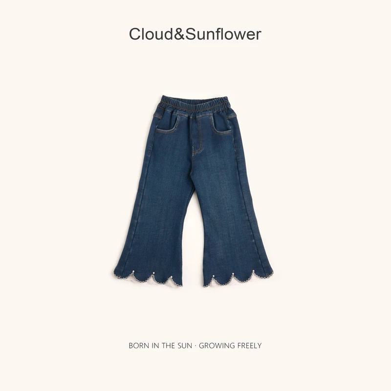 【云朵小葵】女童冬季最新款时尚裤脚波浪珍珠休闲喇叭牛仔裤555485