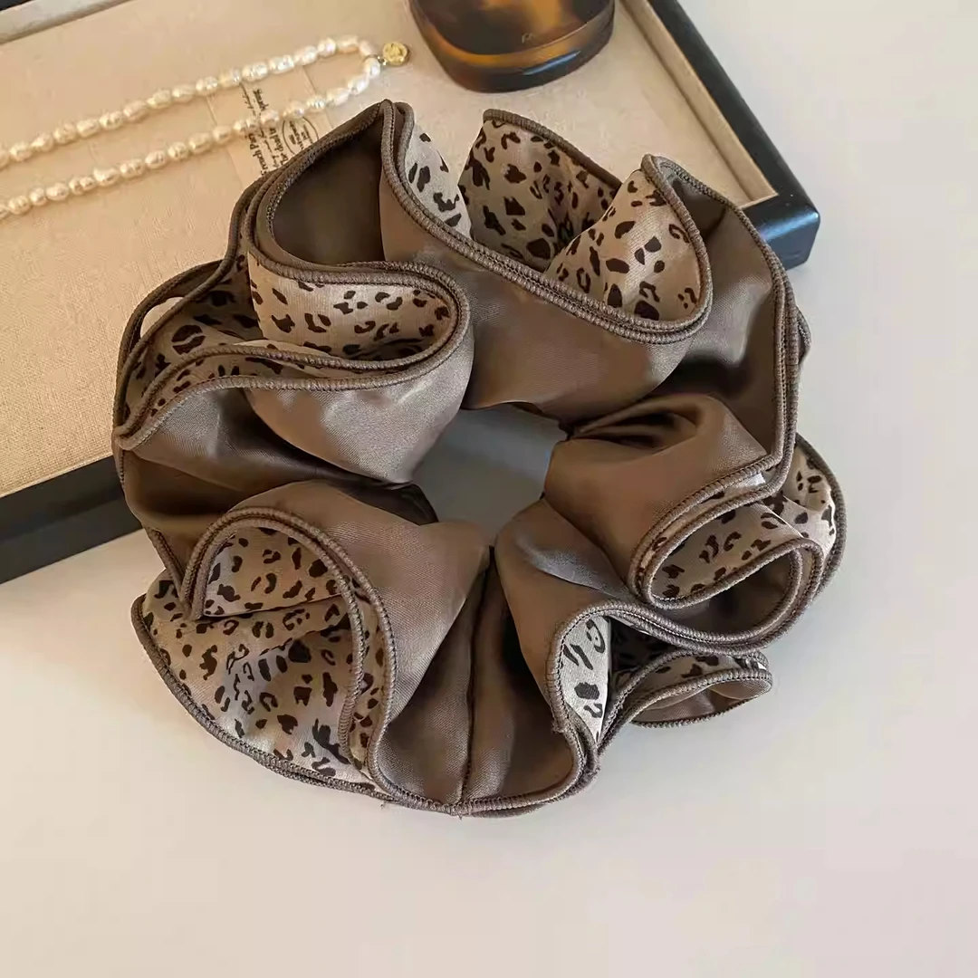 9un韩系复古棕色豹纹大肠发圈女高级感扎头发头绳丸子头皮筋发饰~