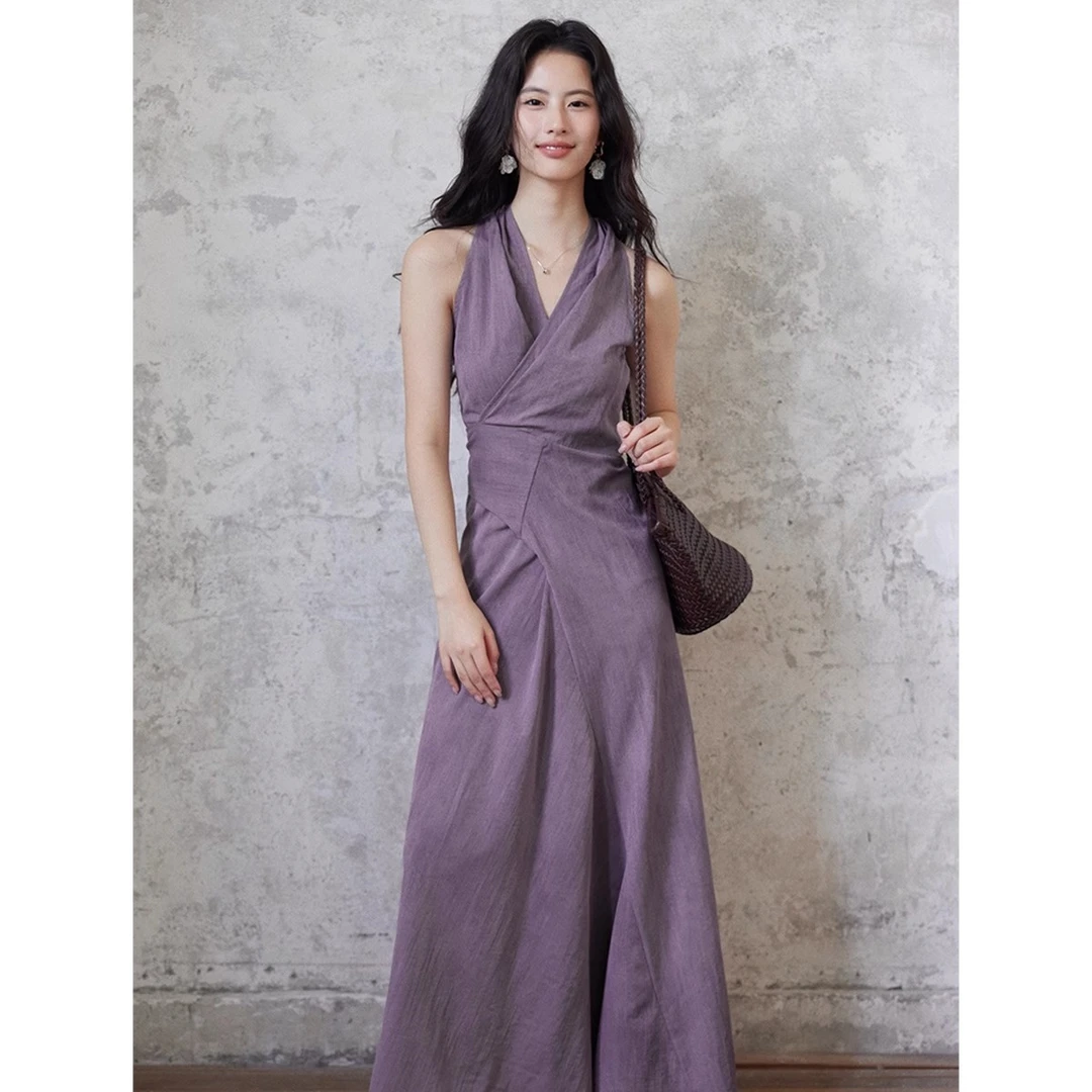 设计【青宛】气质紫色v领挂脖长裙女绑带设计感连衣裙子