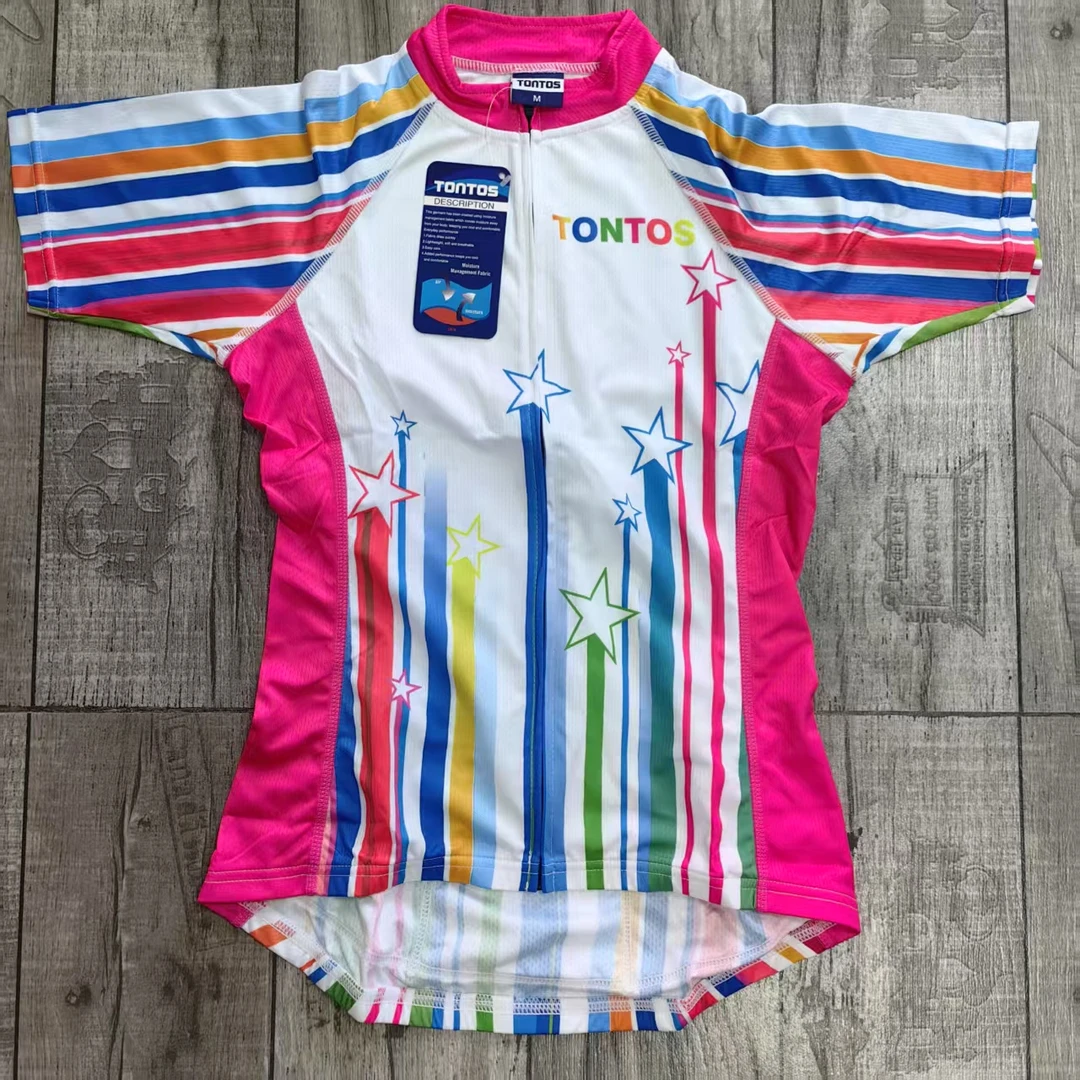 高货彩条粉色山地公路短袖骑行服不退换