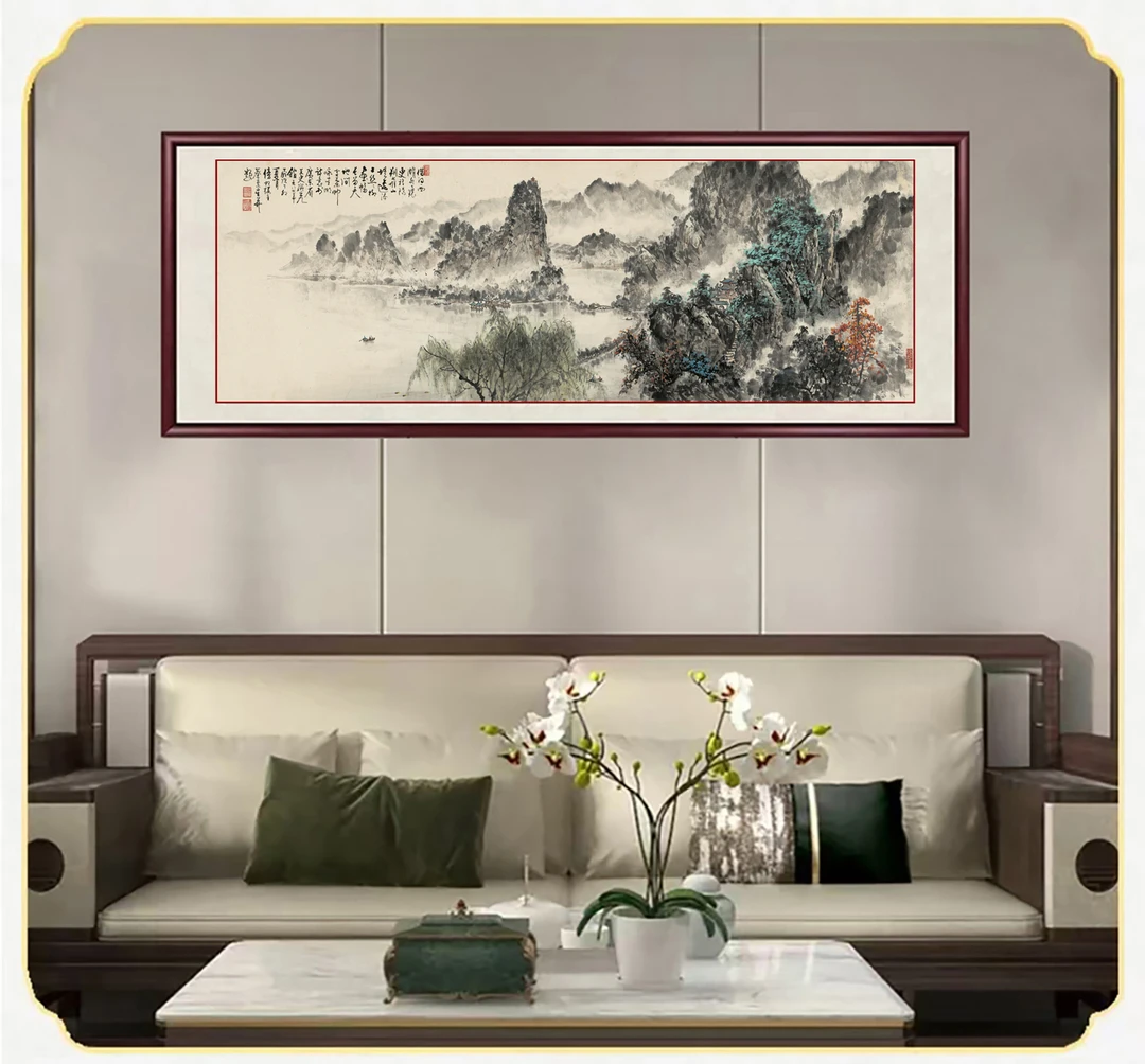 《借问西湖》180x60cm仿古国画新中式沙发背景墙挂画办公室装饰画