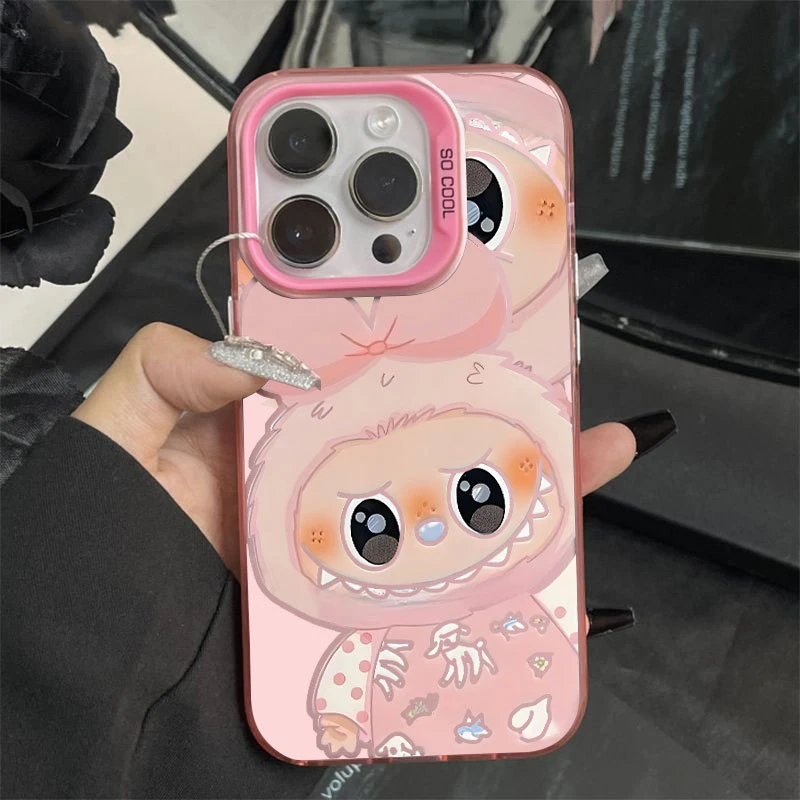 拉布布粉适用苹果16手机壳iPhone15彩银1413网红潮牌保护套