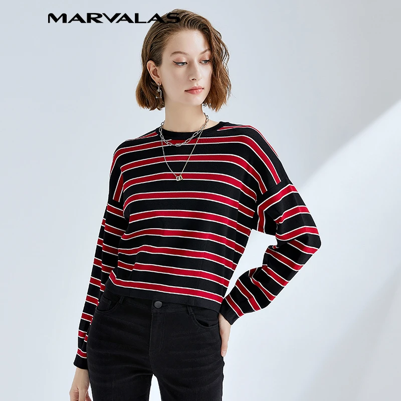 曼德诗针织衫春装新款时尚圆领条纹宽松上衣套头百搭长袖t恤