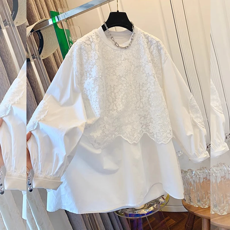 胖MM大版宽松设计感蕾丝拼接长袖衬衫上衣女装早春新款娃娃衫减龄