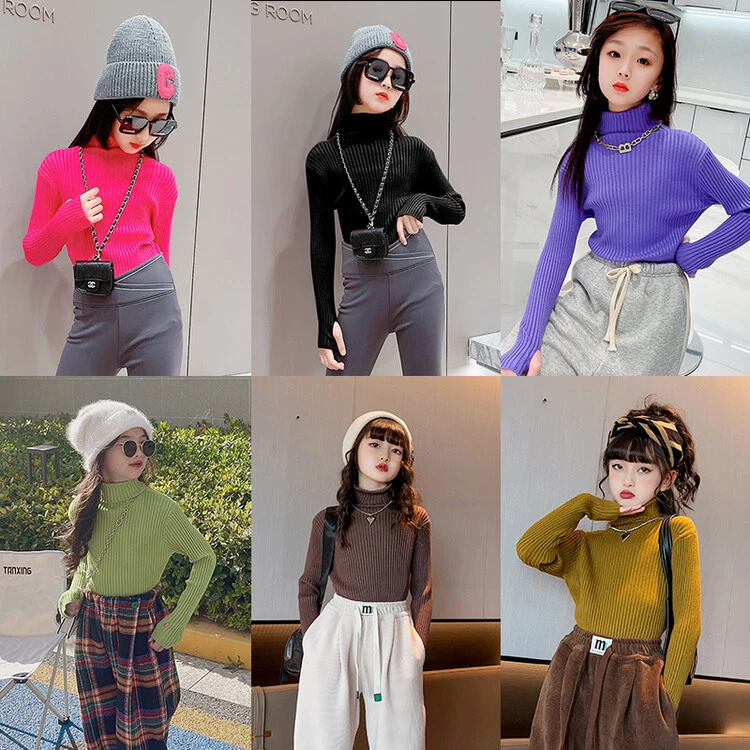 [麦哆哆」女童中大童秋冬时髦洋气百搭针织高领简约弹力纯色毛衣潮