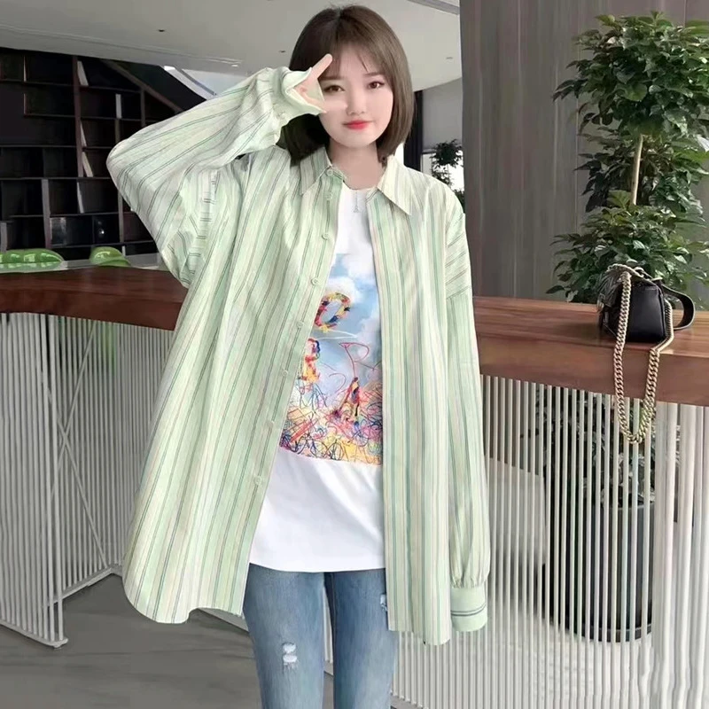 商场同款新款春季休闲气质通勤宽松中长款条纹翻领衬衫外套女装
