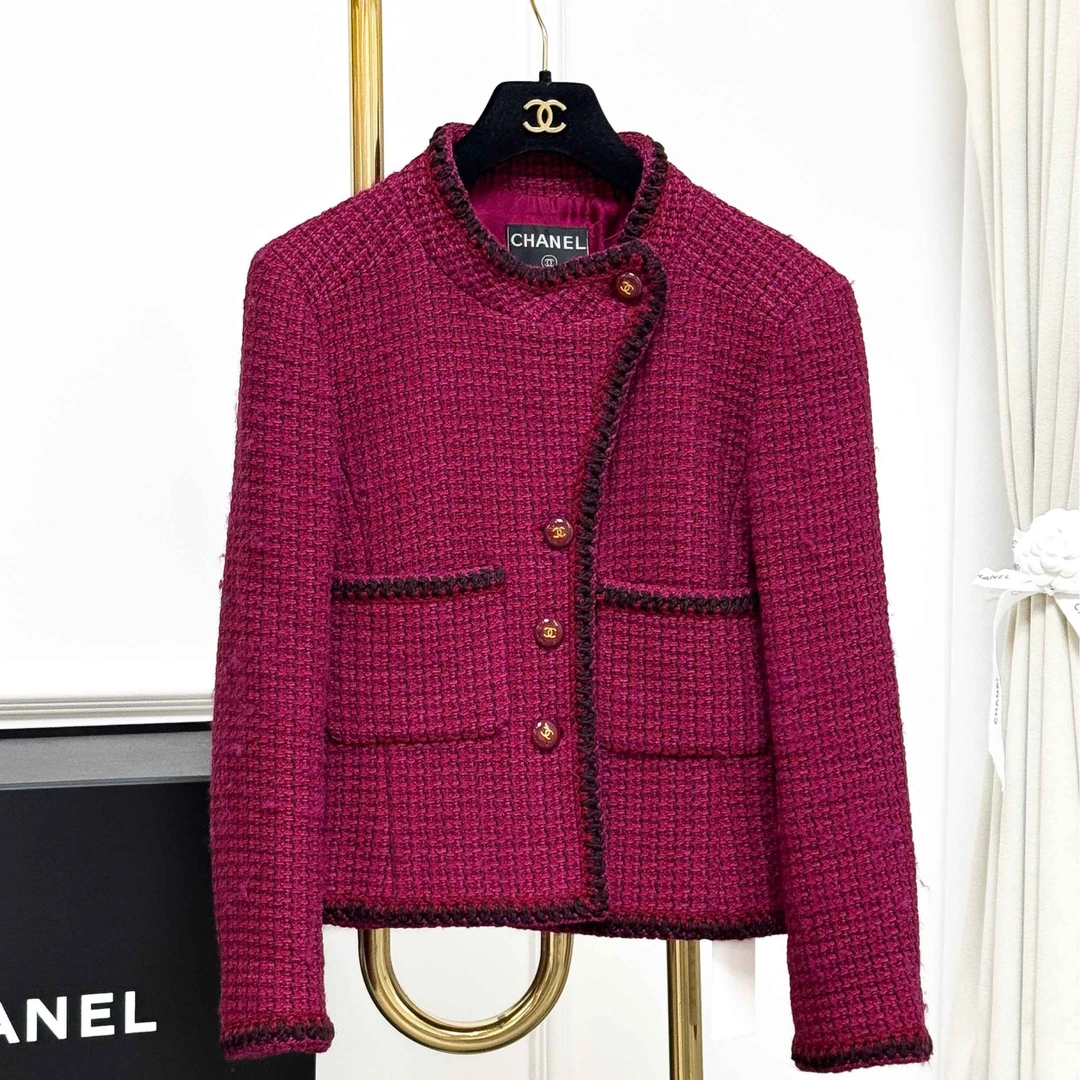 99新 Chanel/香奈儿 40码 深粉色拼黑色边 长袖 编织 外套，99新