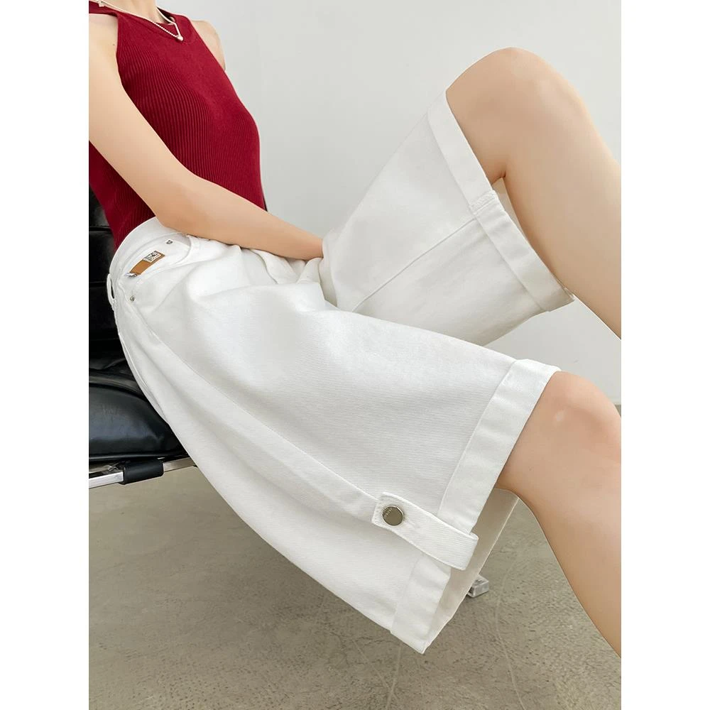 白色卷边牛仔短裤女夏季新款高腰显瘦a字五分裤宽松直筒阔腿中裤