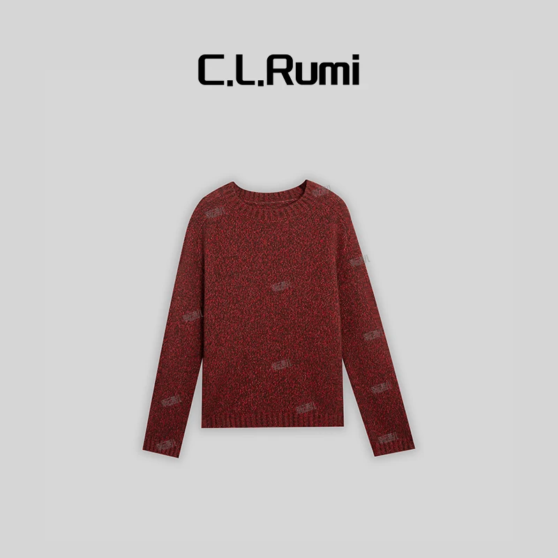 【Rumi女装】“红衫褐”轻奢高克重圆领夹花纱保暖套头针织衫6460my