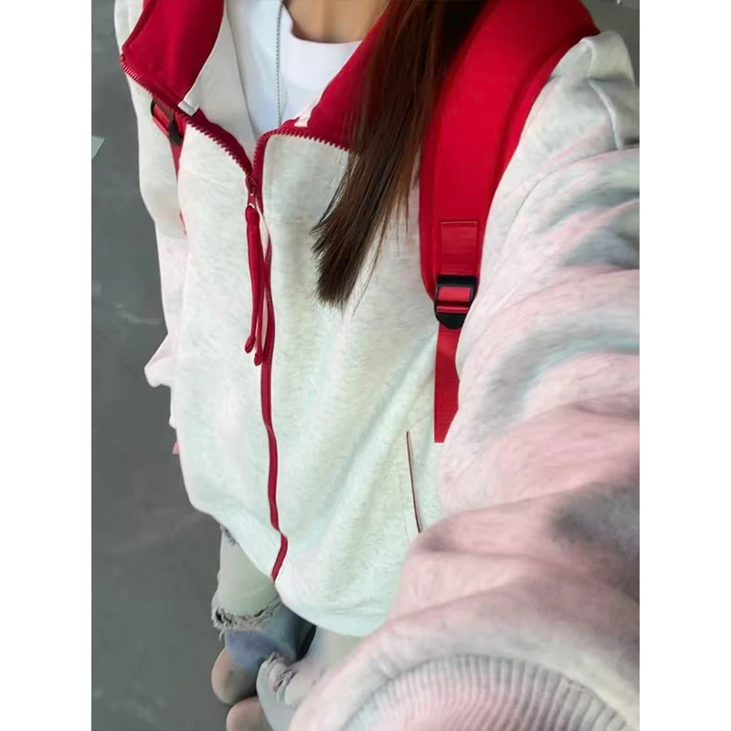 花灰色美式立领卫衣男款秋季设计感拼接外套情侣拉链开衫上衣潮牌