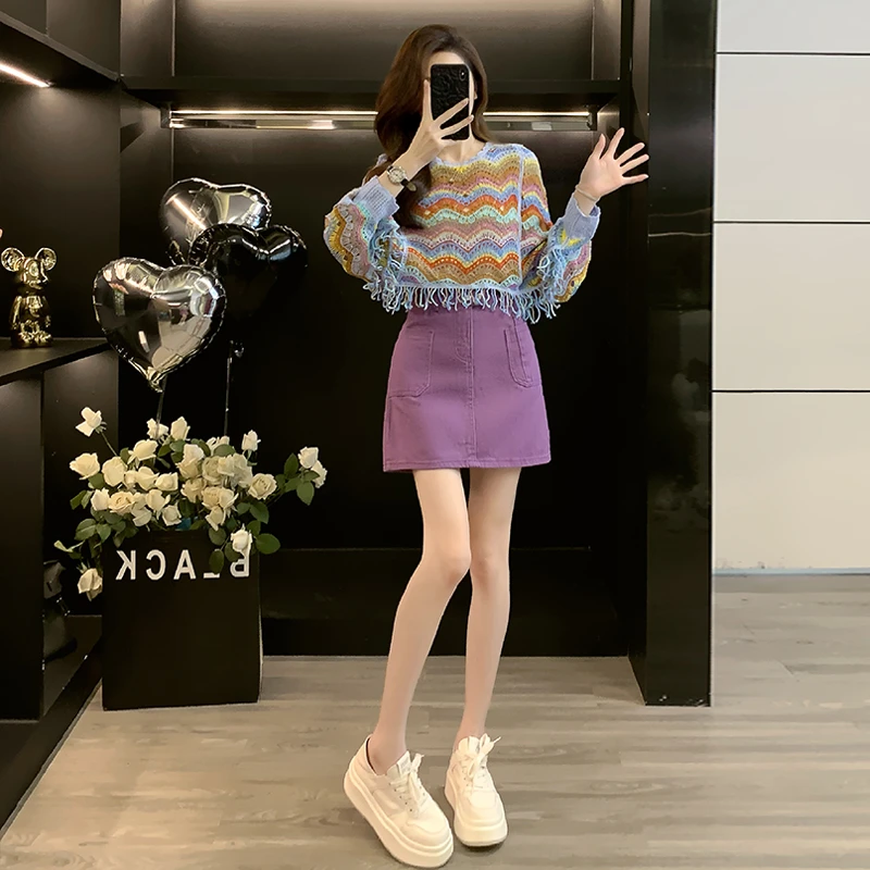 秋季套装女款爆款2025新款彩色镂空钩花蝙蝠袖针织衫紫色牛仔短裙