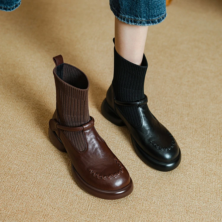 秋冬新款粗跟厚底真皮短靴女针织袜靴复古英伦风马丁靴时尚瘦瘦靴