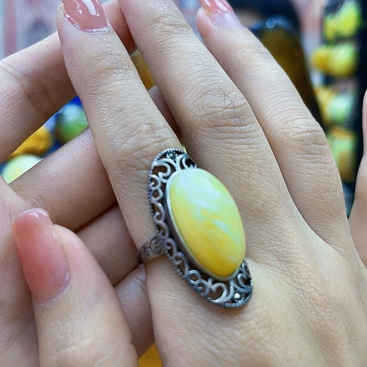 琥珀银S925镶嵌颈饰戒指