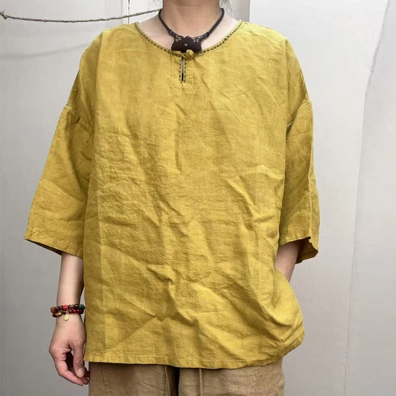 亚麻衬衫女高级感宽松长袖新中式复古盘扣文艺圆领禅修上衣