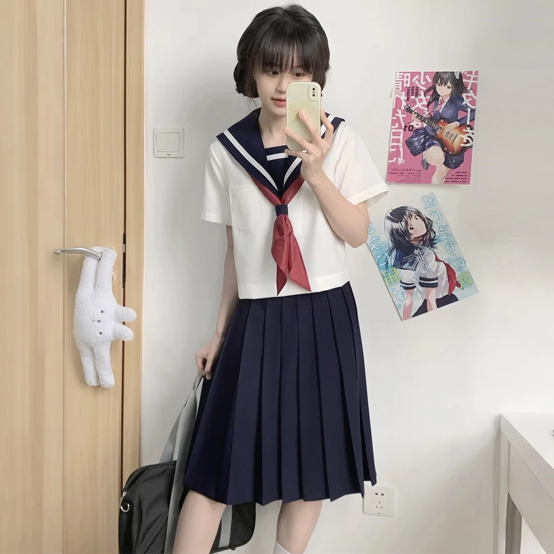 樱花家族jk制服【粗白一本】绀色双胸挡校供感水手服短袖夏服套装