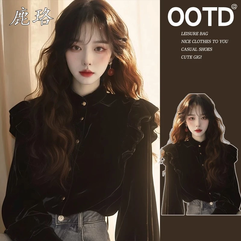 秋冬季法式赫本风黑色丝绒衬衫女高级设计感小众通勤长袖绝美上衣