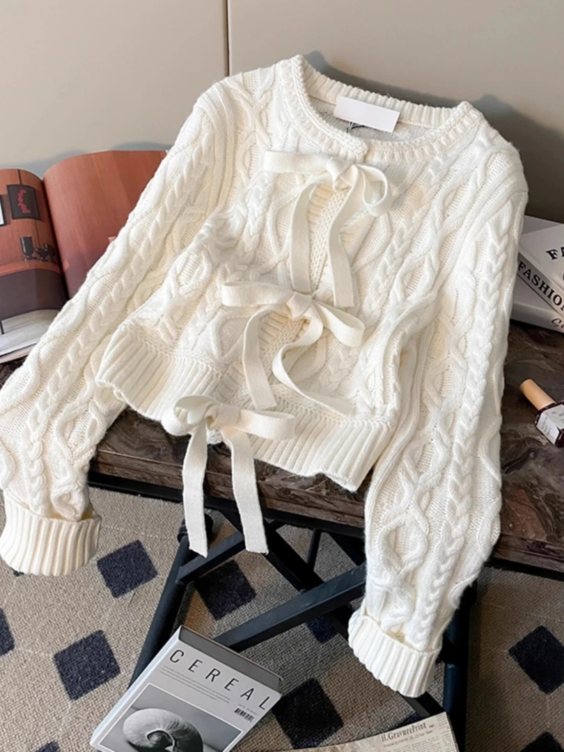 法式甜美蝴蝶结针织开衫女装2025秋冬季粗毛线宽松休闲毛衣外套