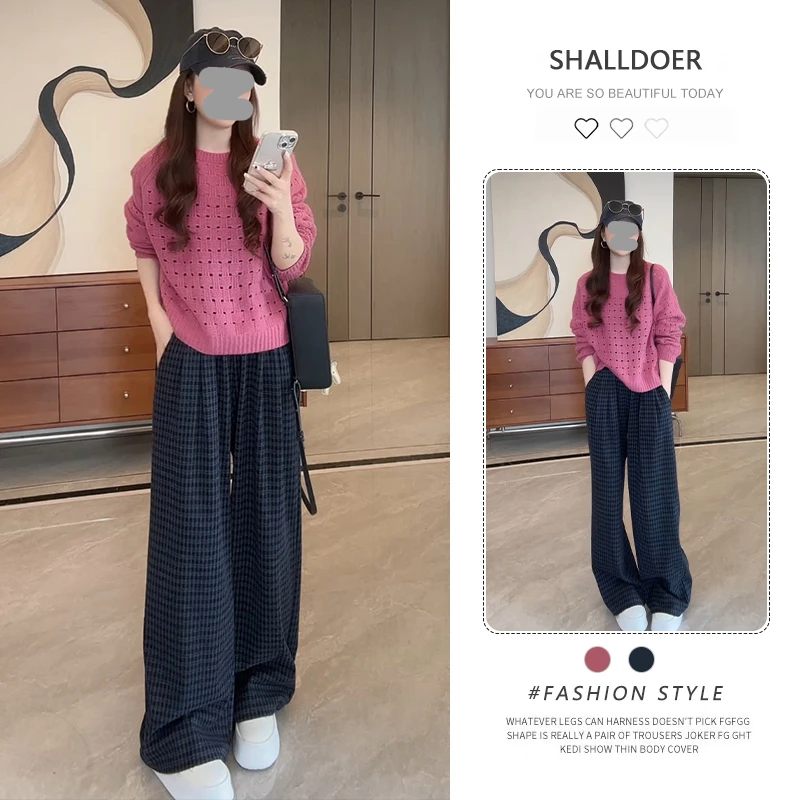 2025秋季纯色镂空针织长袖+格子休闲裤两件套女时尚显瘦百搭套装