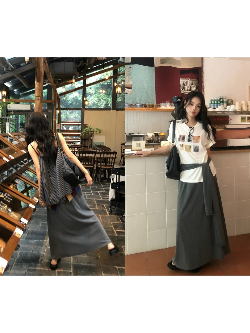 【任小艺新品】260g人棉混纺百搭高腰弹力绑带A字针织长裙半身裙