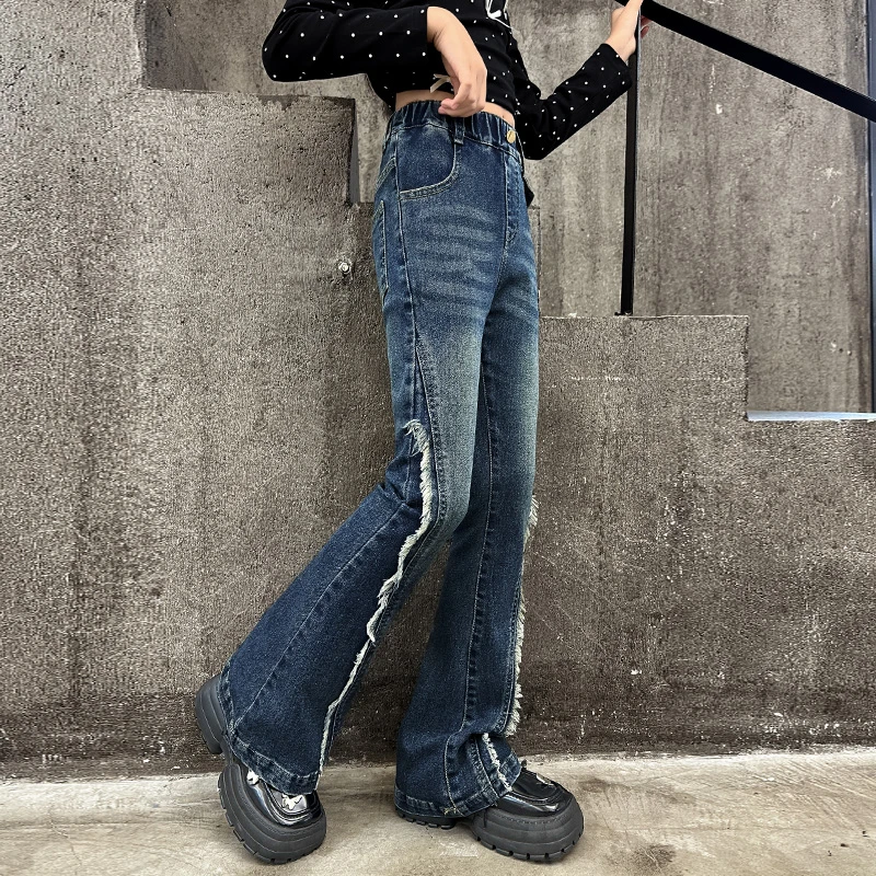 女童弹力牛仔裤喇叭裤春秋2025新款洋气女孩修身长裤大童秋季裤子