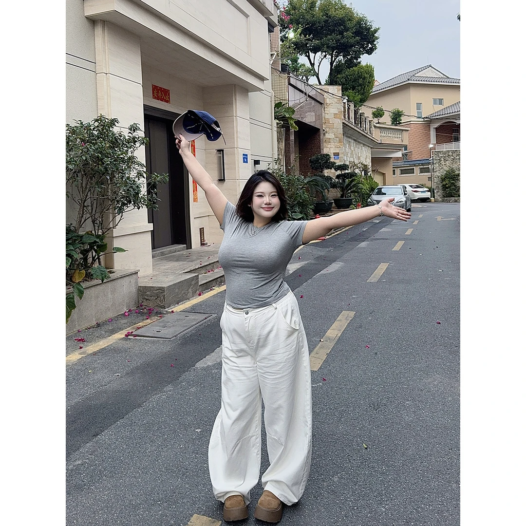 全球花【百搭裤王】大码白色阔腿宽松牛仔裤纯棉显瘦高腰直筒长裤女