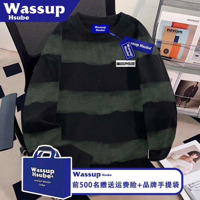 WASSUP HSUBE简约字母印花T恤男女条纹T恤舒适上衣秋100%纯棉长袖
