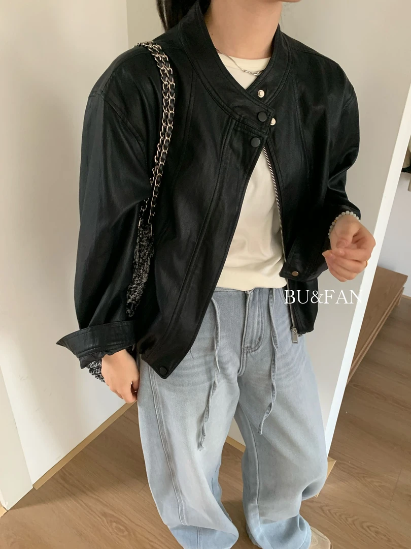 3712号88005#春新款百搭下摆抽绳立领拉链休闲皮外套