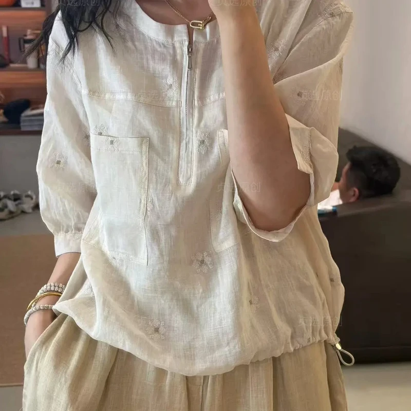 1333-复古防晒衬衣外套夏季韩版简约衬衫女时尚拉链女