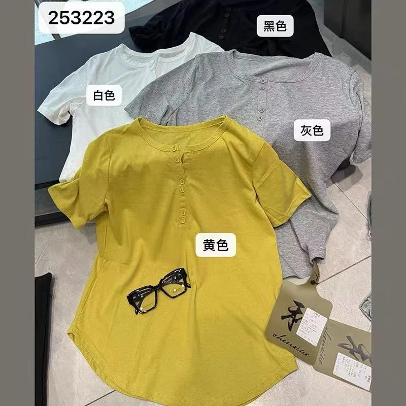 圆领纽扣正肩短袖女t恤大码夏季2025新款胖mm显瘦百搭短款上衣
