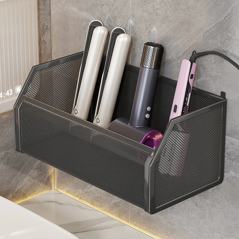 卫生间置物架洗漱台旁壁挂式卷发棒吹风机收纳筐浴室多功能收纳架