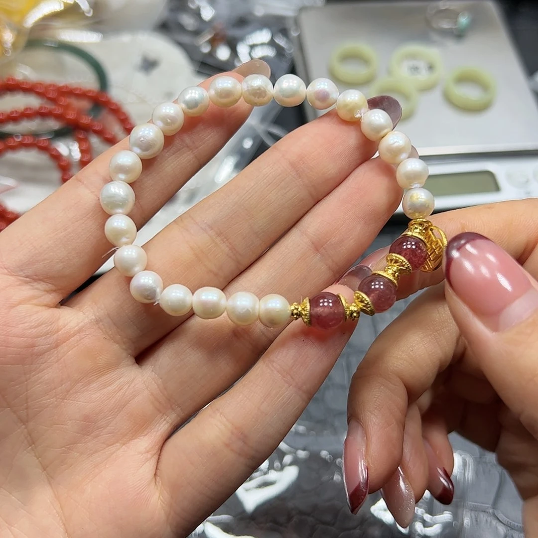 银S925镶嵌手链烟晶珍珠手链