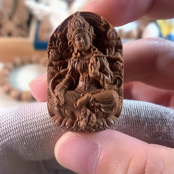 檀香木无事牌绿度母无事牌吊坠