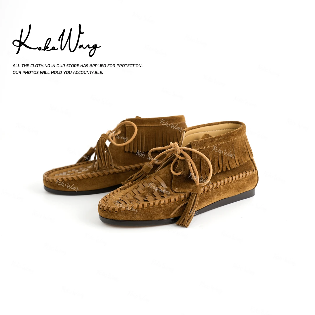 KOKOWANG 复古纯手工编织流苏绑带真皮显瘦百搭高邦鞋X0865G03X01