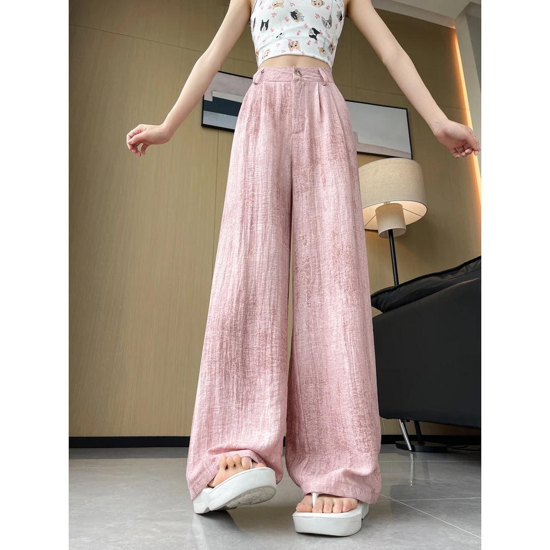 扎染亚麻西装阔腿裤女2025夏季薄款垂感显瘦冰丝直筒休闲拖地裤女