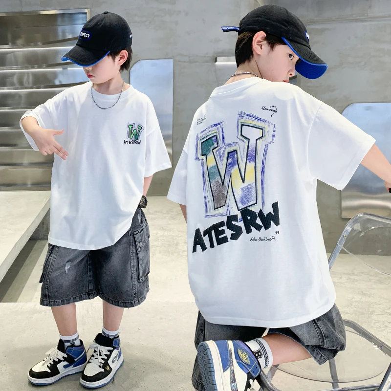 男童夏款洋气休闲印花短袖新款W字母宽松帅气炸街百搭T恤TGXZ5856