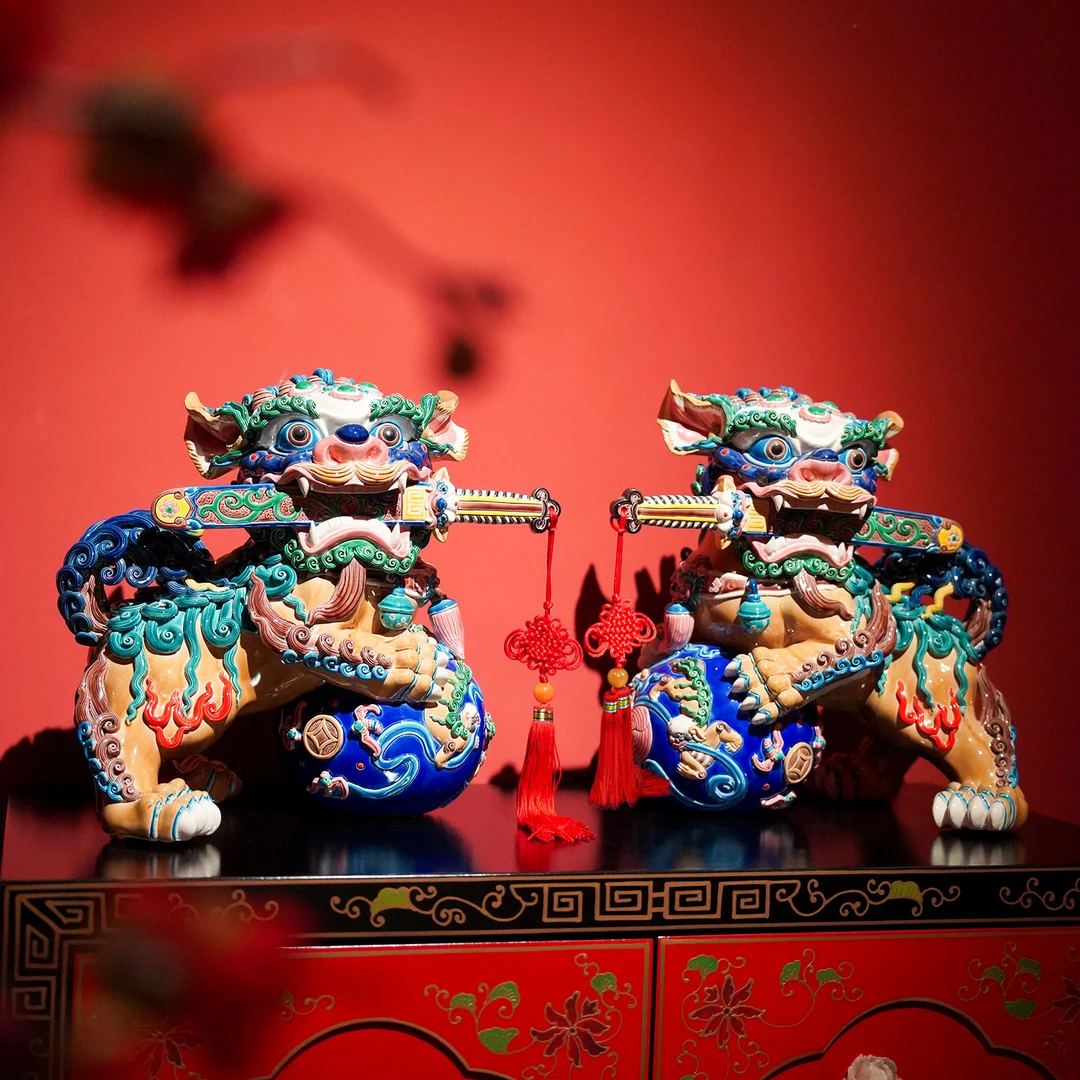 【本尼家】非遗手工彩釉交趾陶大号剑狮陶瓷客厅装饰品桌面玄关摆件