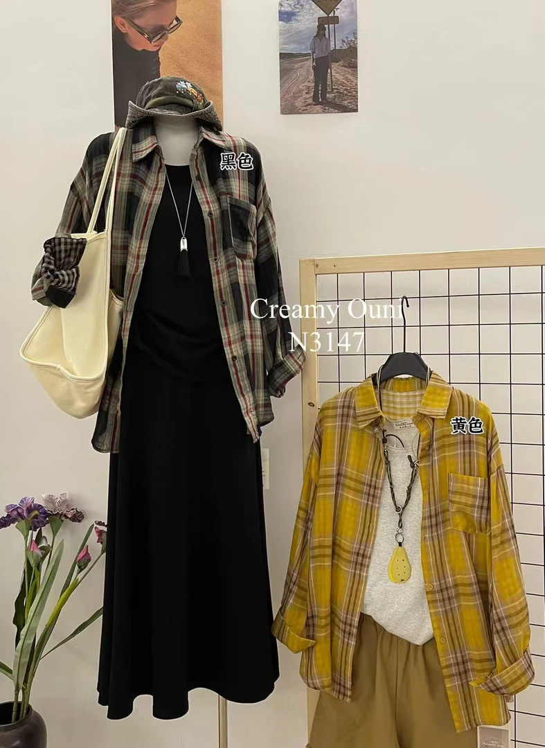 杨杨 时尚新款格子棉麻衬衫N3147