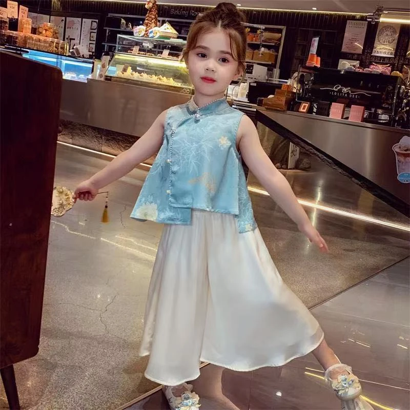 女童套装夏季中国风中式薄款夏天碎花单排扣无袖女孩套装连衣裙潮