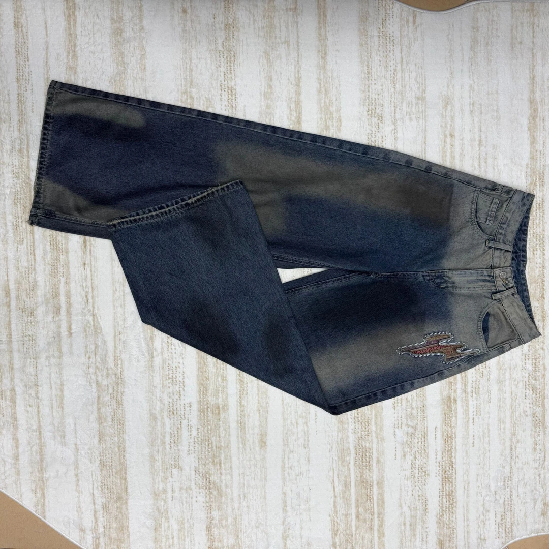 复古蓝水洗渐变百搭2025早秋新款宽松显瘦阔腿裤闪电刺绣拖地裤女