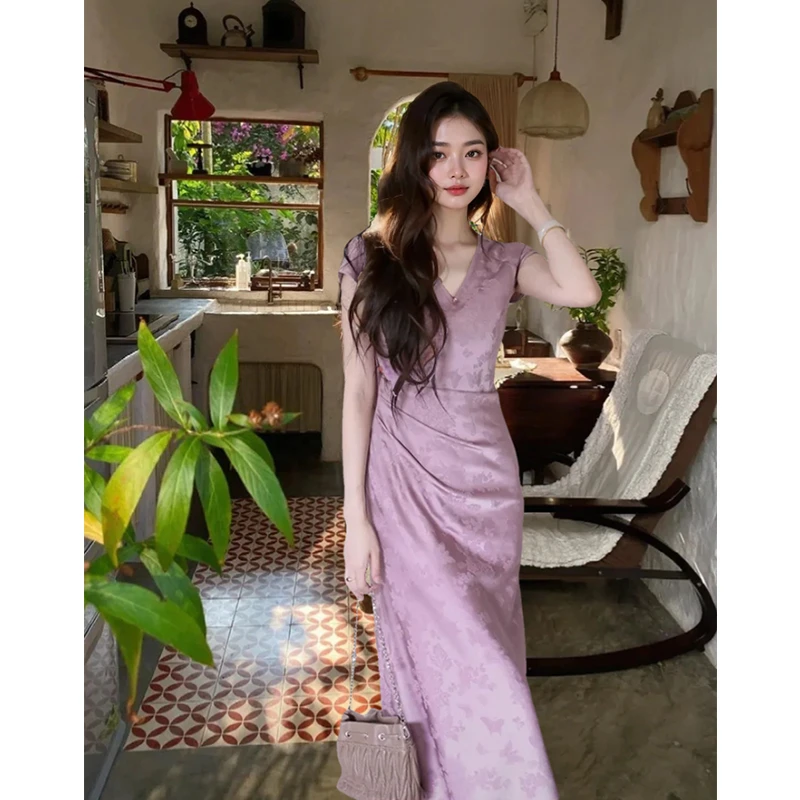【百蝶图】国风新中式v领暗纹提花连衣裙女2025夏季新款改良旗袍