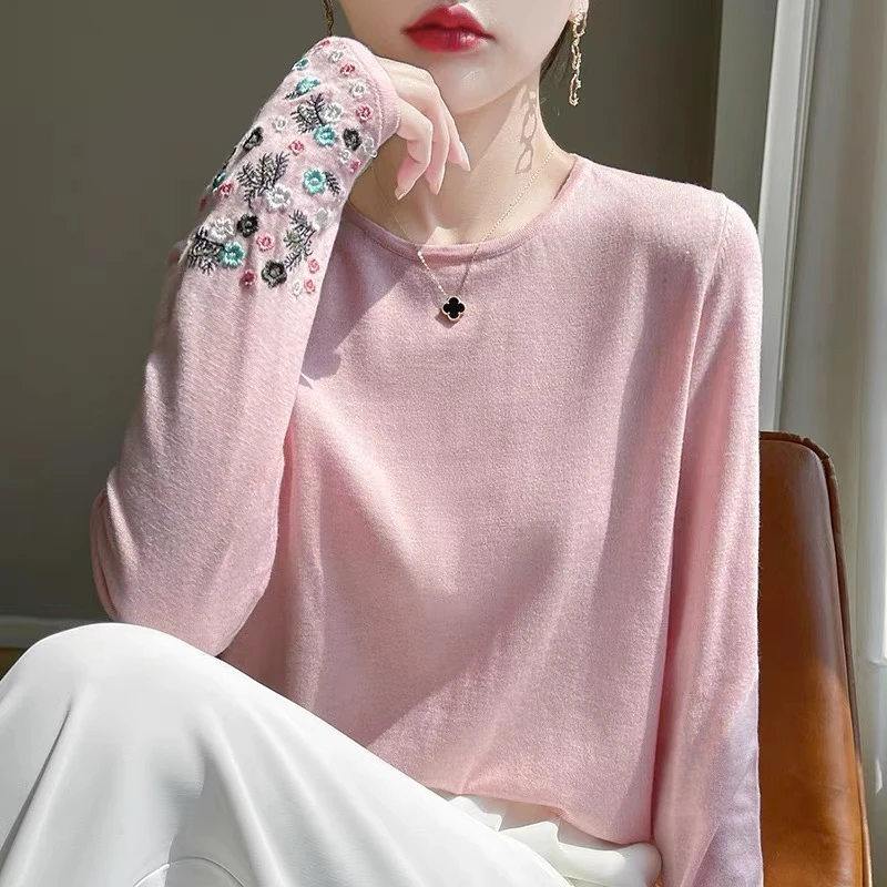 重工国风刺绣精纺桑蚕丝羊毛衫女圆领袖口花朵薄款长袖上衣打底衫