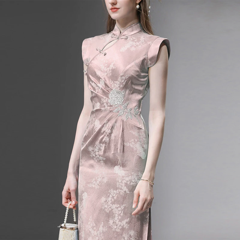 DF-夏季中式立领飞肩收腰C字褶皱收腰人丝提花旗袍连衣裙GC35474F