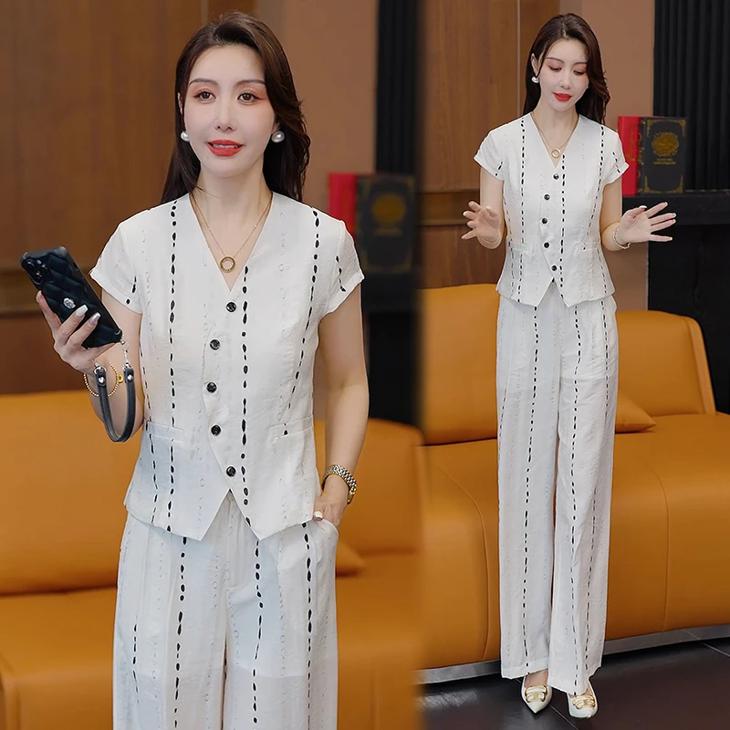 时尚休闲套装女2025夏新款气质减龄V领斜襟短袖上衣直筒裤两件套