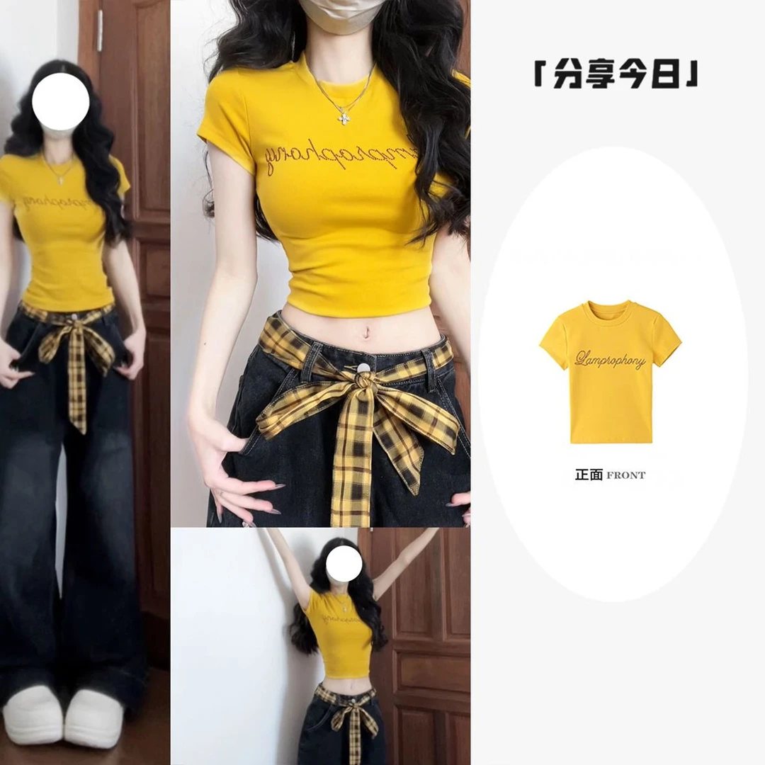 纯欲风辣妹黄色字母烫钻正肩短袖t恤女夏季新款修身显瘦短款上衣