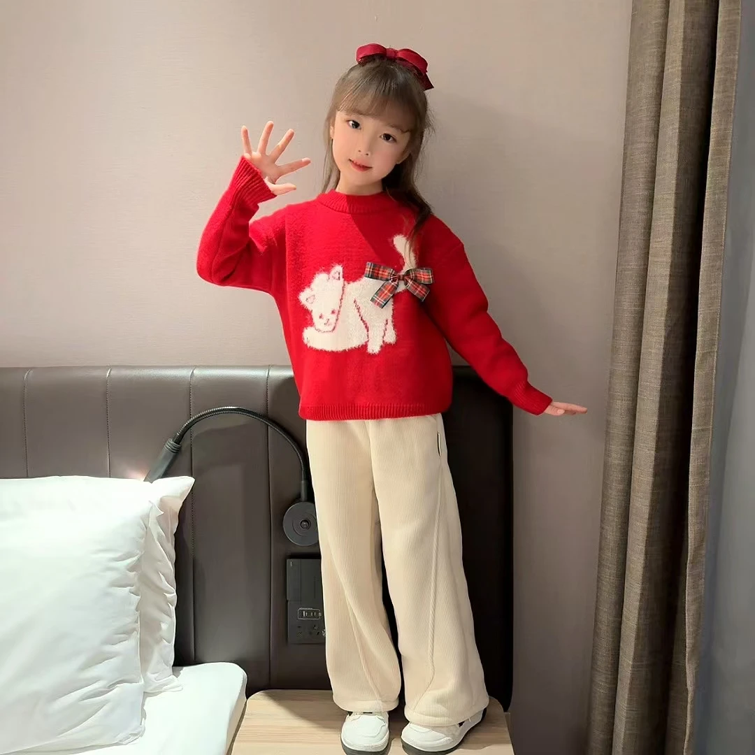 过年红色加厚毛衣冬装2024新款儿童针织打底衫加厚猫咪卡通冬季