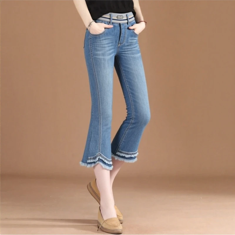 高腰薄款七分裤小个子喇叭裤气质毛边微喇牛仔裤女2025夏季新款