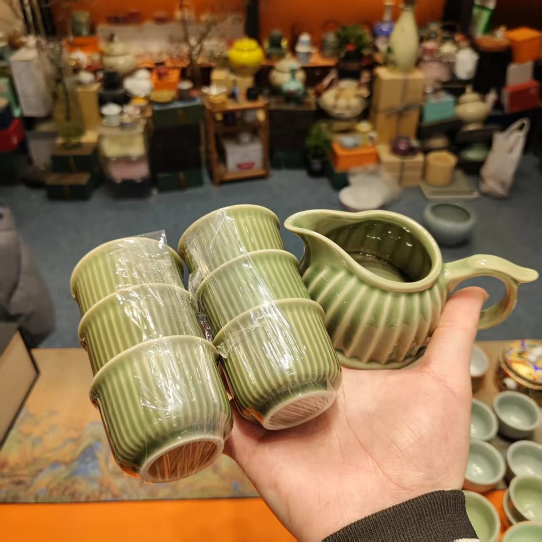友名陶瓷   青色条纹公道杯+六杯-2387