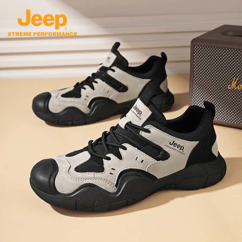 Jeep吉普真皮运动鞋2025春季新款户外徒步厚底网面透气包头工装鞋